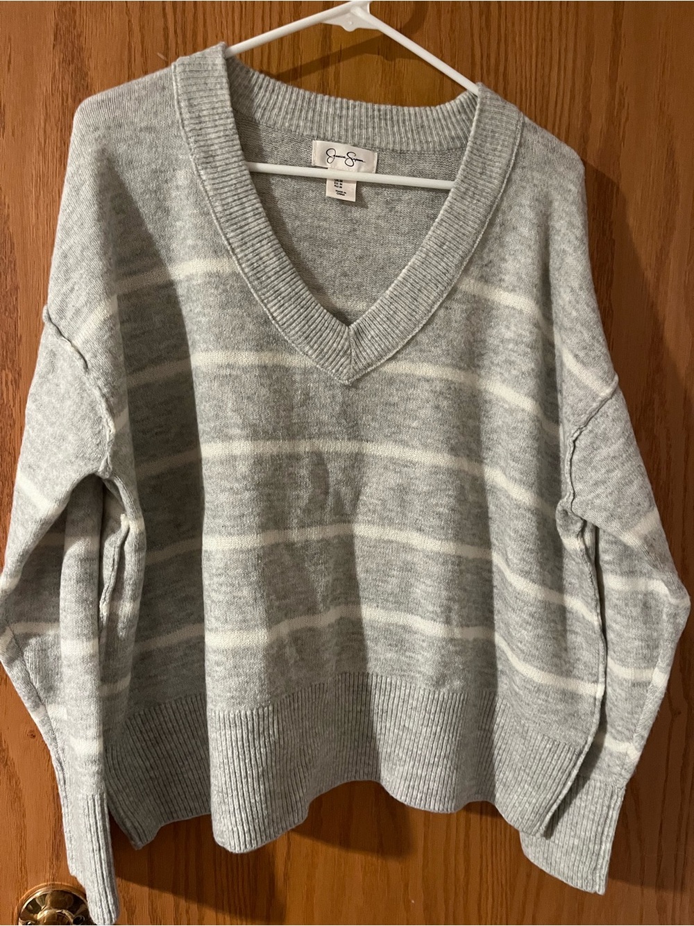 Jessica Simpson Gray & Cream Striped V-Neck Sweater